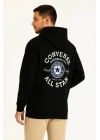 Erkek Kapüşonlu Kanguru Cepli Sweatshirt 3 İplik Pamuklu Baskılı Hoodie - Siyah