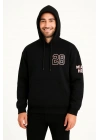 Erkek Kapüşonlu Kanguru Cepli Sweatshirt 3 İplik Pamuklu Baskılı Hoodie - Siyah