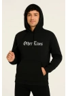 Erkek Kapüşonlu Kanguru Cepli Sweatshirt 3 İplik Pamuklu Baskılı Hoodie - Siyah