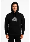Erkek Kapüşonlu Kanguru Cepli Sweatshirt 3 İplik Pamuklu Baskılı Hoodie -  Siyah