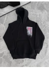 Erkek Kapüşonlu Kanguru Cepli Sweatshirt 3 İplik Pamuklu Baskılı Hoodie - Siyah