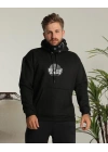 Erkek Kapüşonlu Kanguru Cepli Sweatshirt 3 İplik Pamuklu Baskılı Hoodie - Siyah