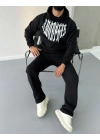 Erkek Kapüşonlu Kanguru Cepli Sweatshirt 3 İplik Pamuklu Baskılı Hoodie -  Siyah