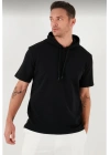 Erkek Kapüşonlu Tişört Kısa Kol Düz Oversize T-shirt - Siyah