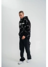 ERKEK Kapüşonlu Varak ve Pano Baskılı Hoodie  SweatShirt- Siyah