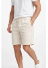Erkek Keten Kumaş Cepli Rahat Kesim Bel Lastikli Şort - Krem