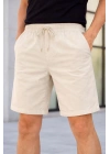 Erkek Keten Kumaş Cepli Rahat Kesim Bel Lastikli Şort - Krem
