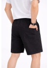 Erkek Keten Kumaş Cepli Rahat Kesim Bel Lastikli Şort - Siyah