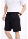 Erkek Keten Kumaş Cepli Rahat Kesim Bel Lastikli Şort - Siyah