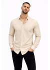 Erkek KETEN Kumaş Oversize Uzun Kollu Rahat Kalıp Gömlek - Bej