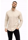 Erkek KETEN Kumaş Oversize Uzun Kollu Rahat Kalıp Gömlek - Bej
