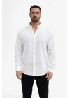 Erkek KETEN Kumaş Oversize Uzun Kollu Rahat Kalıp Gömlek - Beyaz