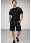 Erkek Kısa Kol Oversize Kalıp Tişört Şort ikili Takım Kontrast Dikişli - Siyah