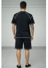 Erkek Kısa Kol Oversize Kalıp Tişört Şort ikili Takım Kontrast Dikişli - Siyah