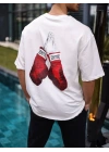 Erkek Kısa Kol Tişört Bisiklet Yaka Boxy Eldiven Baskılı T-Shirt - Beyaz