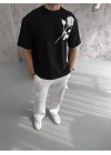 Erkek Kısa Kol Tişört Bisiklet Yaka GÜL Baskılı Oversize T-Shirt - Siyah