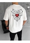Erkek Kısa Kol Tişört Bisiklet Yaka ÖRÜMCEK Baskılı Oversize T-Shirt - Beyaz