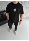 Erkek Kısa Kol Tişört Bisiklet Yaka ÖRÜMCEK Baskılı Oversize T-Shirt - Siyah