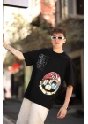Erkek Mario Baskılı T-Shirt Oversize Kısa kol Bisiklet yaka tişort - Siyah