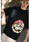 Erkek Mario Baskılı T-Shirt Oversize Kısa kol Bisiklet yaka tişort - Siyah