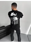 Erkek Ön ve Arka Baskılı T-Shirt Kısa Kol Bisiklet Yaka Regular Fit Tişört -  Siyah