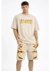 Erkek Oversize Baskılı Tişört Cepli Şort ikili Takım Kombin - Bej