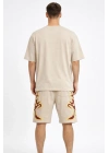 Erkek Oversize Baskılı Tişört Cepli Şort ikili Takım Kombin - Bej