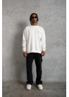 Erkek Oversize Sweatshirt Ön ve Sırt Baskılı 3 İplik Pamuklu - Beyaz