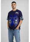 Erkek Oversize Tişört Dragon Kuru Kafa Baskılı Bisiklet Yaka T-Shirt - Lacivert