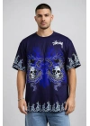 Erkek Oversize Tişört Dragon Kuru Kafa Baskılı Bisiklet Yaka T-Shirt - Lacivert