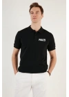 Erkek Polo Yaka Tişört Düğmeli Pike Baskılı T-Shirt - Siyah
