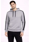 Erkek Şeritli Kapüşonlu Sweatshirt Oversize 3 iplik Pamuklu Hoodie - Gri