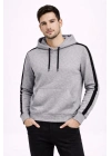 Erkek Şeritli Kapüşonlu Sweatshirt Oversize 3 iplik Pamuklu Hoodie - Gri