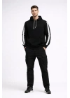 Erkek Şeritli Kapüşonlu Sweatshirt Oversize 3 iplik Pamuklu Hoodie - Siyah