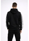 Erkek Şeritli Kapüşonlu Sweatshirt Oversize 3 iplik Pamuklu Hoodie - Siyah