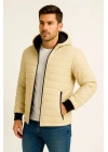 ERKEK Şişme Kapüşonlu Fermuarlı Mont Su İtici Kapitone Cepli Ceket - Bej