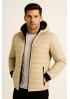 ERKEK Şişme Kapüşonlu Fermuarlı Mont Su İtici Kapitone Cepli Ceket - Bej