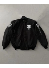 ERKEK Siyah Askeri Tarz Bomber Mont Punisher Skull Detaylı Fermuarlı Cepli - Siyah
