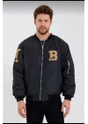 Erkek Siyah Bomber Kolej Mont B Harfi Kemik Baskılı Su İtici Kapitone Astarlı - Siyah