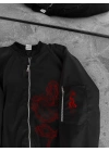 Erkek Siyah Bomber Mont Kırmızı Ejderha Desenli Fermuarlı Cepli Kapitone Astarlı - Siyah