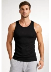 Erkek Spor Slimfit Fitilli Kaşkorse Arka Basklı Atlet 2li Set Siyah-Bej