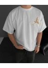 Erkek T-Shirt Ön ve Arka Baskılı Oversize Bisiklet Yaka tişort - Beyaz
