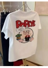 Erkek T-Shirt Oversize Kısa kol Tişört Popeye Baskılı - Beyaz