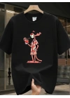 Erkek T-Shirt Pembe Panter Baskılı Kısa Kollu Tişört - Siyah