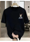 Erkek T-shirt Tavşan Baskılı Kısa Kollu Tişört - Siyah