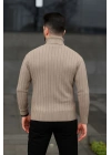 Erkek Tam Boğazlı Balıkçı Yaka Triko Kazak Kalın Fitilli - Bej