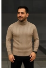 Erkek Tam Boğazlı Balıkçı Yaka Triko Kazak Kalın Fitilli - Bej