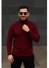 Erkek Tam Boğazlı Balıkçı Yaka Triko Kazak Kalın Fitilli - Bordo