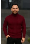 Erkek Tam Boğazlı Balıkçı Yaka Triko Kazak Kalın Fitilli - Bordo