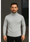 Erkek Tam Boğazlı Balıkçı Yaka Triko Kazak Kalın Fitilli -  Gri